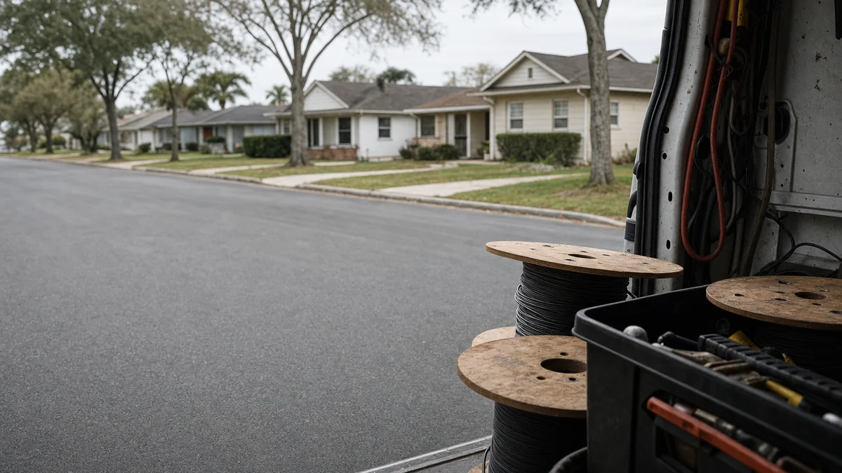 Older residential street seen from an electrician's work van stocked with cable spools