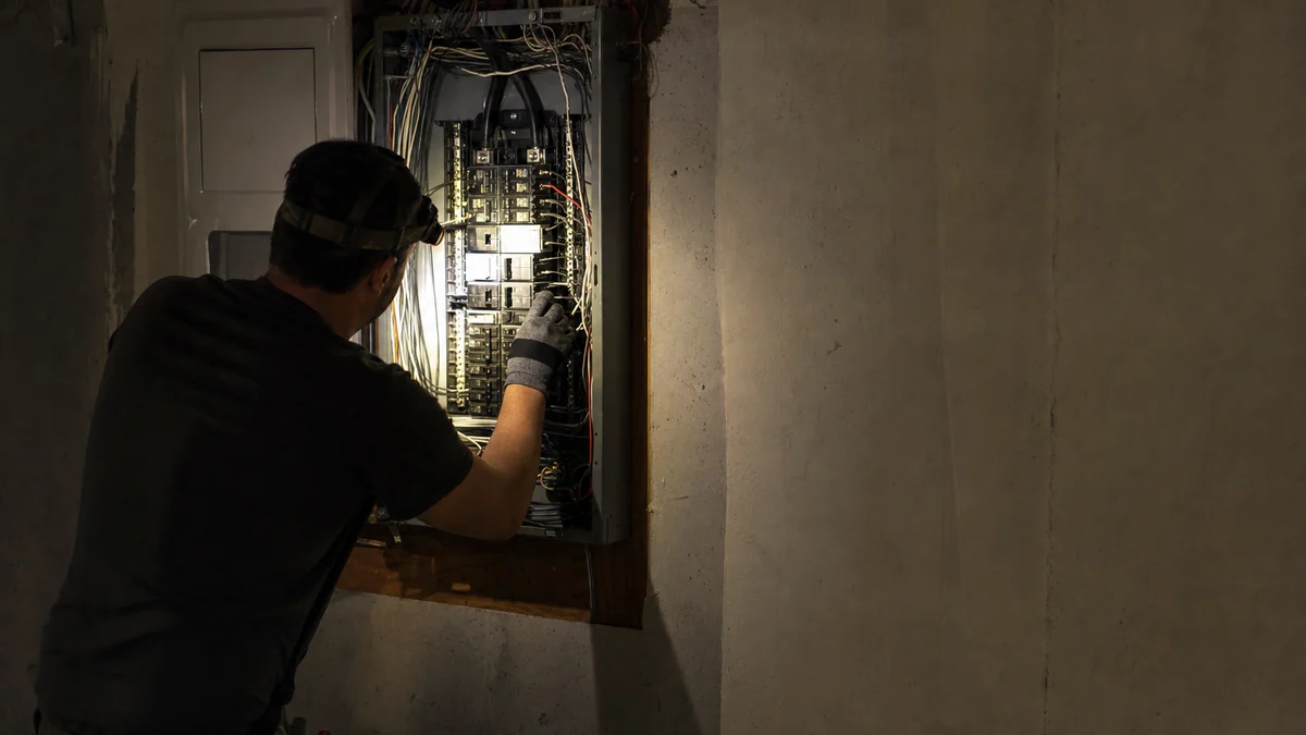 On-call electrician with a headlamp inspecting an open breaker panel in a dim basement at night