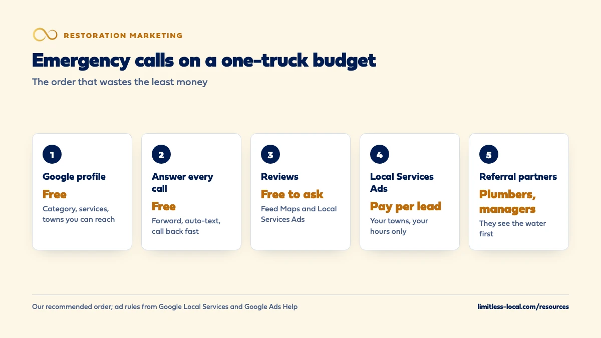 Five steps to emergency calls on a one-truck budget: a free Google profile, answering every call, asking for reviews, a small pay-per-lead Local Services Ads budget limited to your towns and hours, and referral partners such as plumbers and property managers