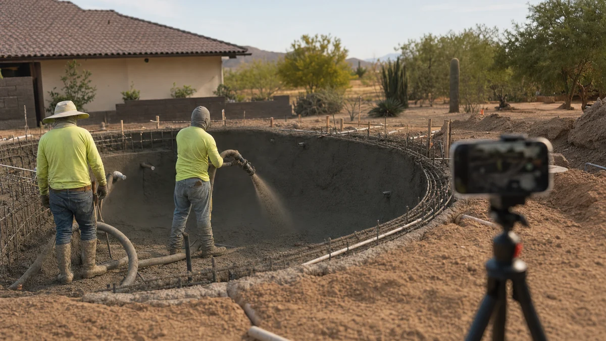 Phone on a tripod recording a gunite crew spraying a new pool shell