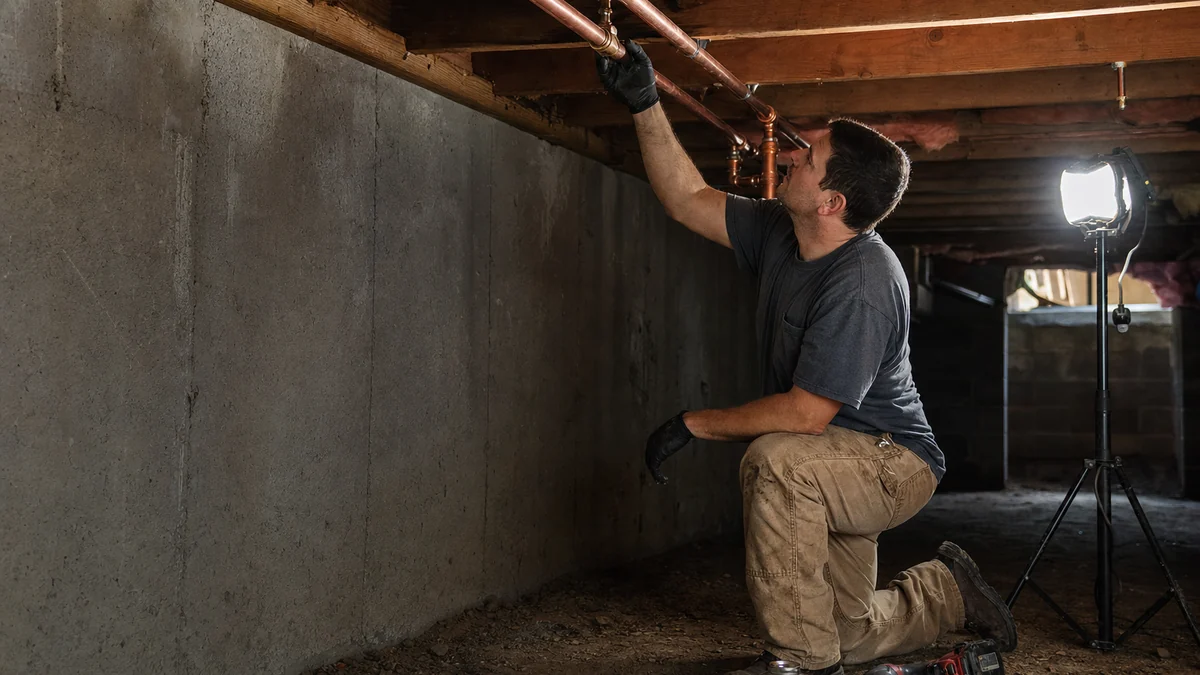 Plumber checking a joint on newly installed copper water lines in a basement repipe