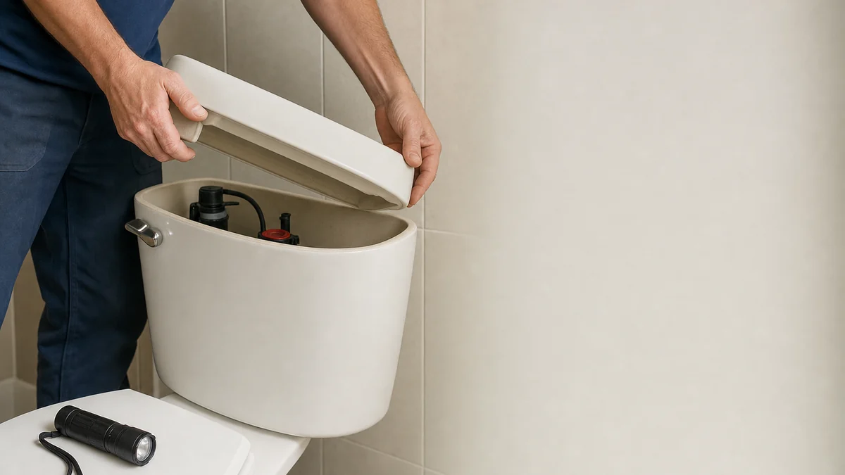 Plumber checking a toilet tank flapper for leaks during a whole-house leak check