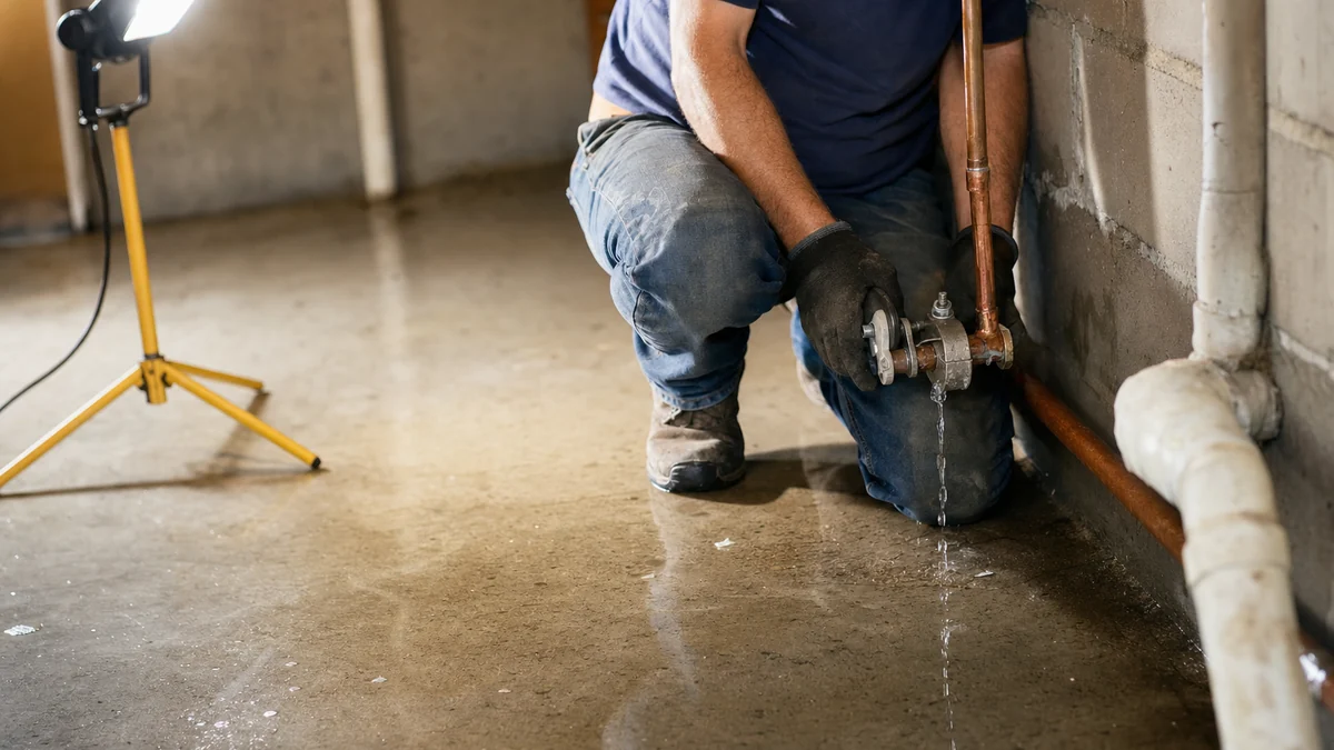 Plumber clamping a burst copper pipe in a wet basement during an emergency repair