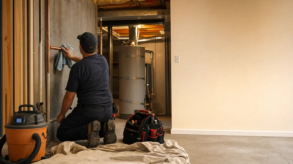 Plumber cleaning up a basement work area after replacing a section of pipe