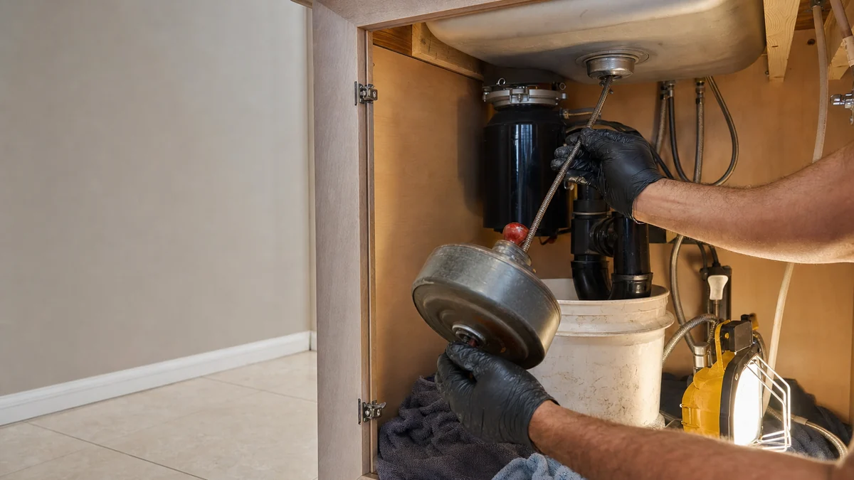 Plumber's gloved hands clearing a kitchen sink drain with a hand auger