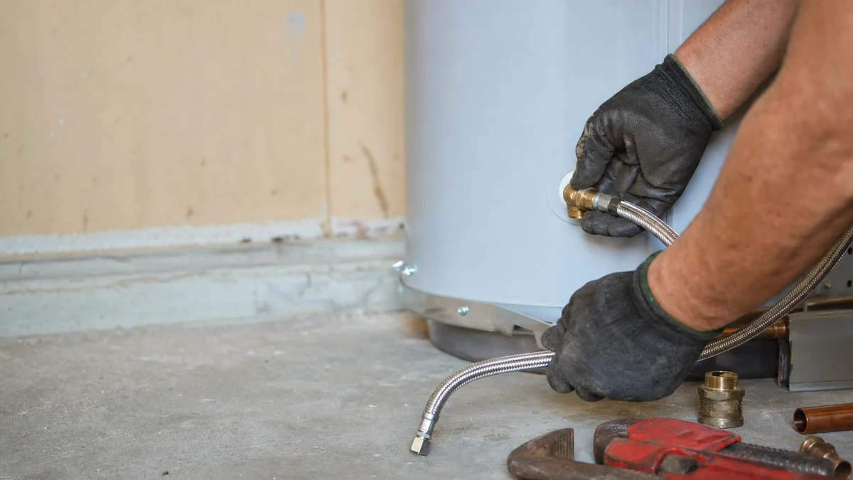 Plumber connecting water lines on a new tank water heater in a garage
