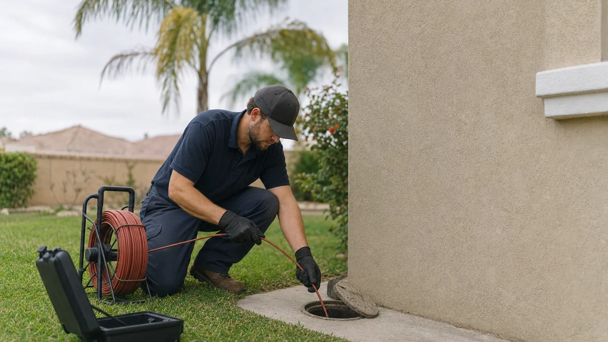 Plumber feeding a drain inspection camera into a sewer cleanout outside a house