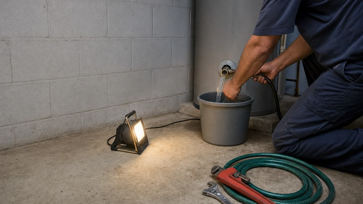 Plumber draining sediment from a tank water heater in a basement utility room