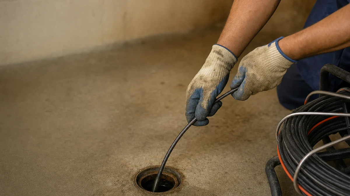 Plumber feeding a sewer inspection camera into a basement floor drain