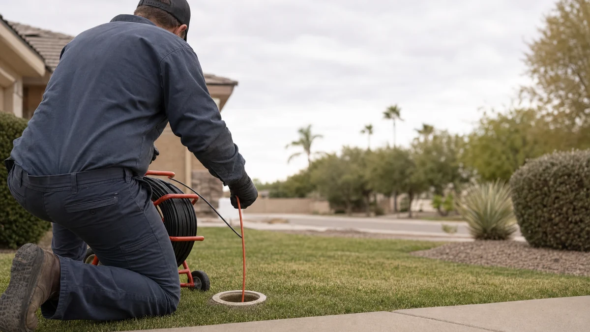 Plumber feeding a sewer camera cable into a yard cleanout