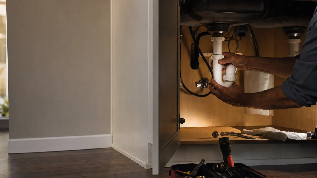Plumber fitting a new P-trap under a kitchen sink on an evening service call