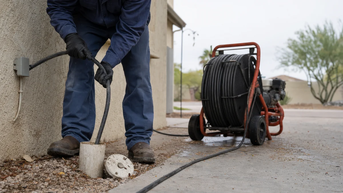 Plumber guiding a hydro jetting hose into a sewer cleanout beside a house
