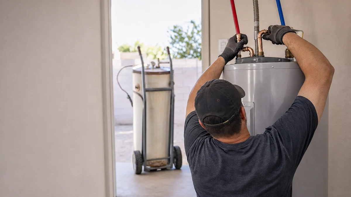 Plumber connecting supply lines on a new water heater with the old unit on a hand truck