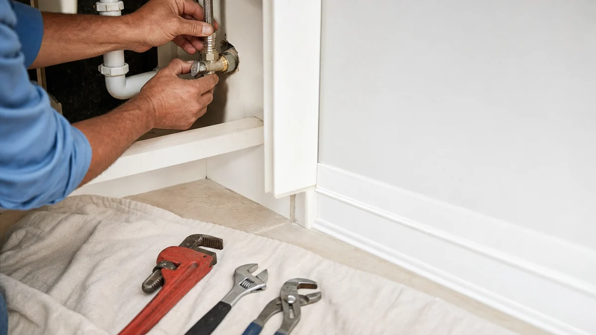 Plumber installing a new shutoff valve under a bathroom vanity with a drop cloth protecting the floor