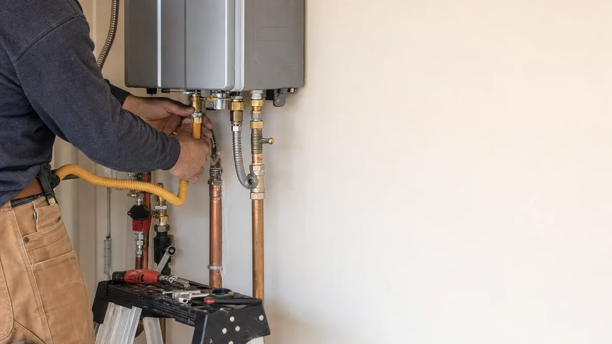 Plumber connecting a wall-mounted tankless water heater in a home utility room