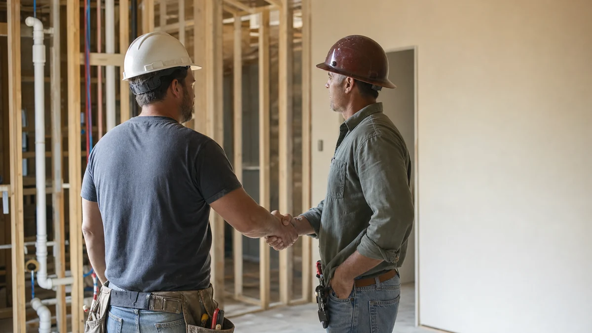 Plumber meeting a builder at a framed house with rough-in plumbing