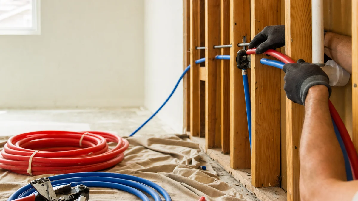 Plumber running new PEX supply lines through open wall studs during a whole-house repipe