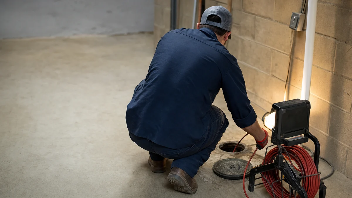Plumber feeding a sewer inspection camera into a basement floor cleanout