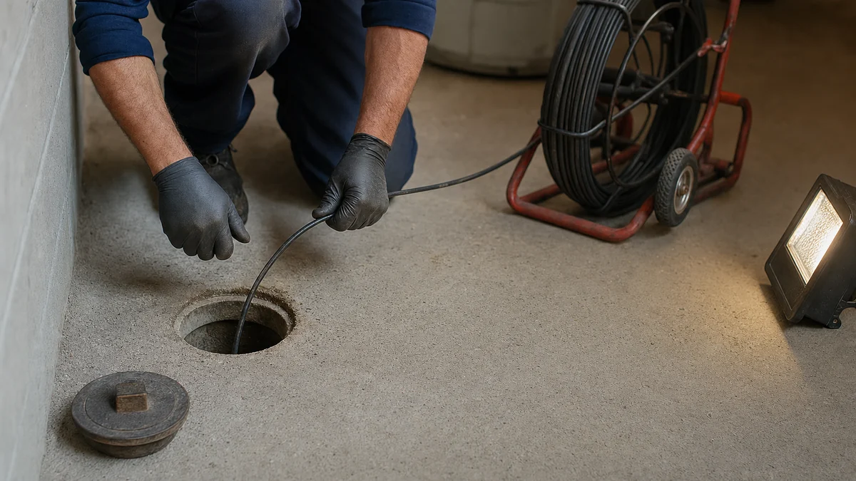 Plumber feeding a sewer camera cable into a basement cleanout for a drain inspection