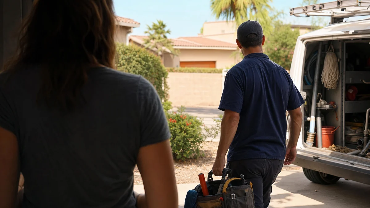 Plumber talking with a homeowner at the front door after finishing a repair