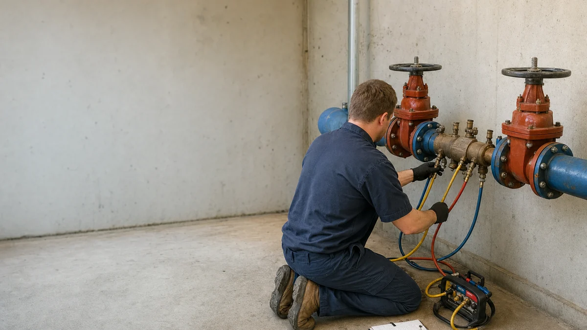 Plumber connecting a test kit to a backflow prevention assembly in a commercial utility room