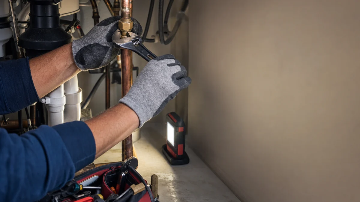 Plumber tightening a copper pipe fitting under a kitchen sink during a service call