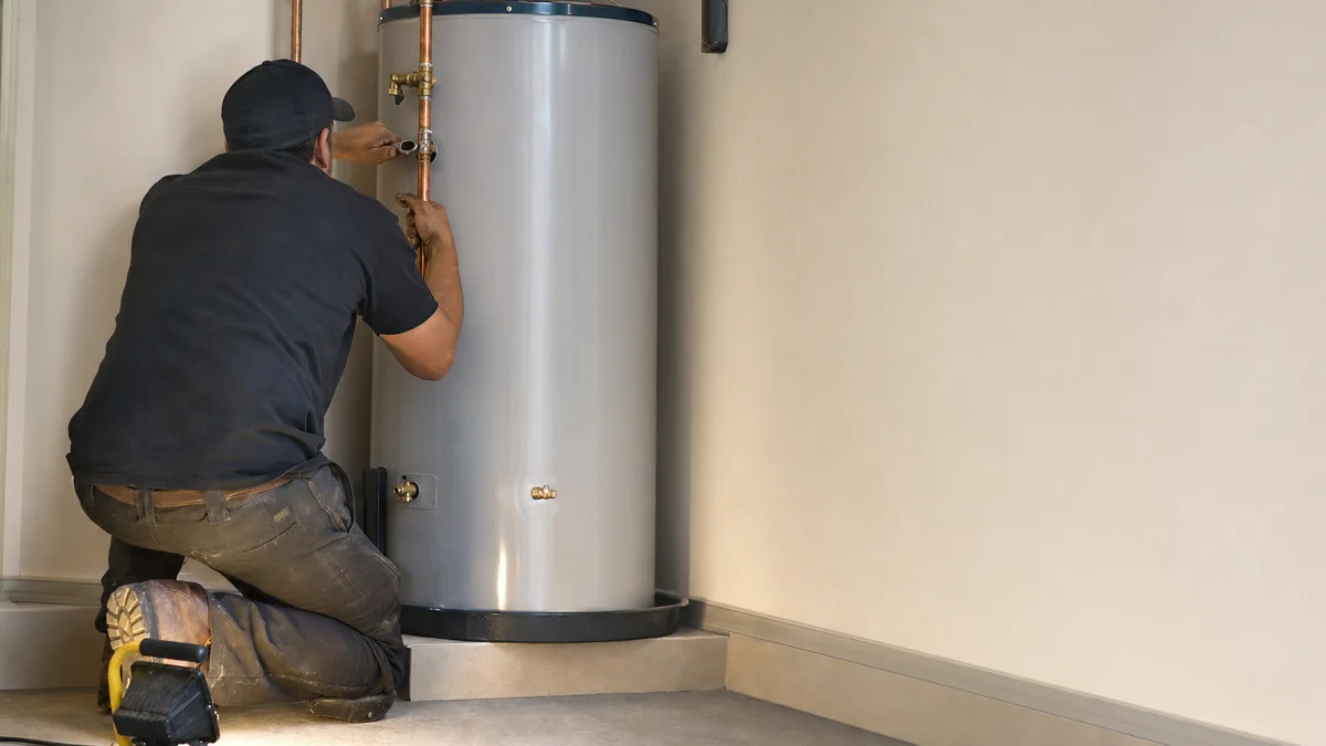 Plumber tightening a supply line fitting on a newly installed water heater