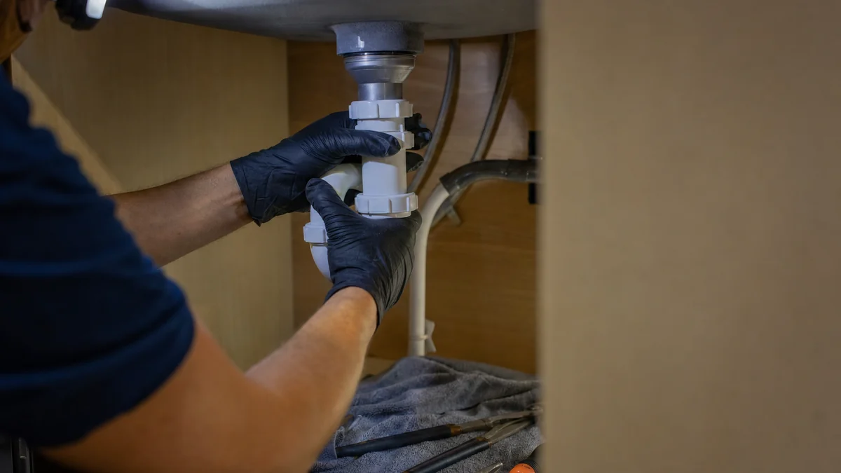 Plumber's gloved hands tightening a P-trap under a kitchen sink by headlamp