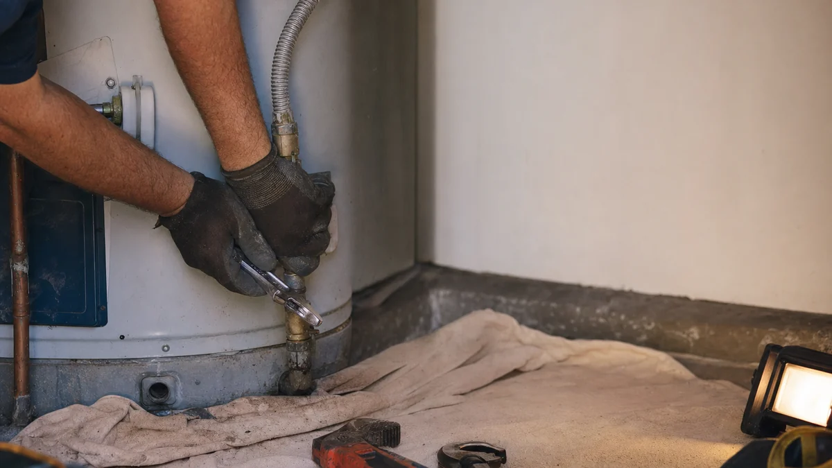 Plumber tightening a supply line fitting on a residential water heater in a garage