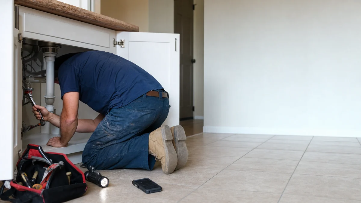 Plumber working under a kitchen sink with his phone face down on the floor beside him