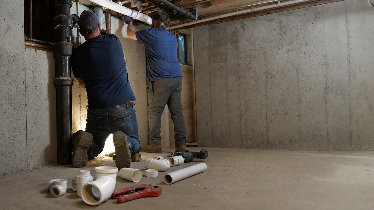 Plumbers replacing old cast iron drain pipe with PVC in a basement