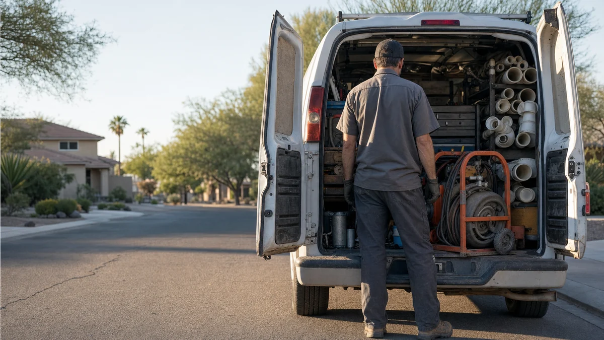 Plumbing owner at the back of a loaded work van early in the morning
