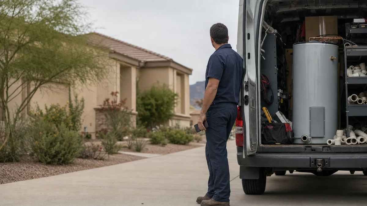 Plumbing company owner beside his work van between jobs, phone in hand