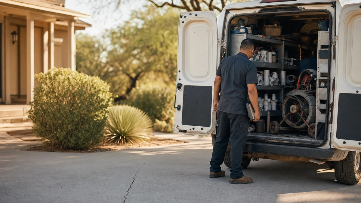 Plumbing company owner checking stock in the back of a work van between jobs