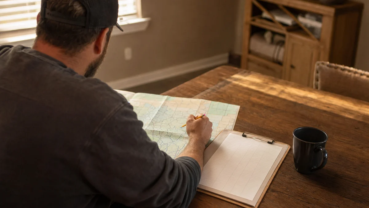 Plumbing company owner marking towns on a paper map at a home office table