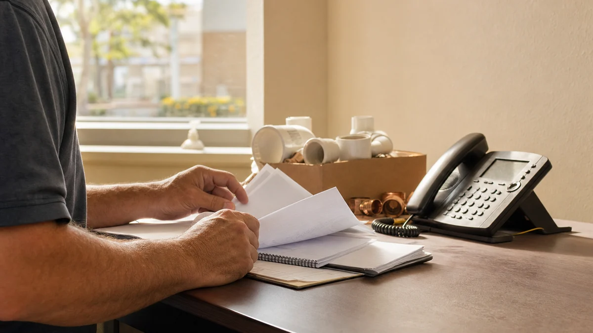 Plumbing company owner going through invoices and notes at his office desk