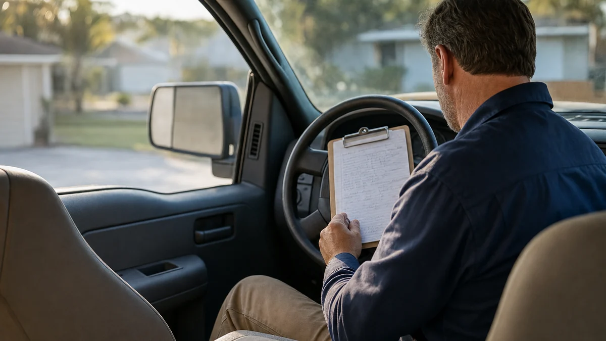 Plumbing company owner reviewing the day's jobs from the cab of his work truck