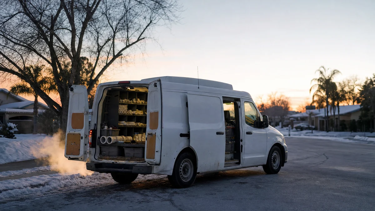 Plumbing work van on a snowy street at dawn with rear doors open, ready for freeze calls