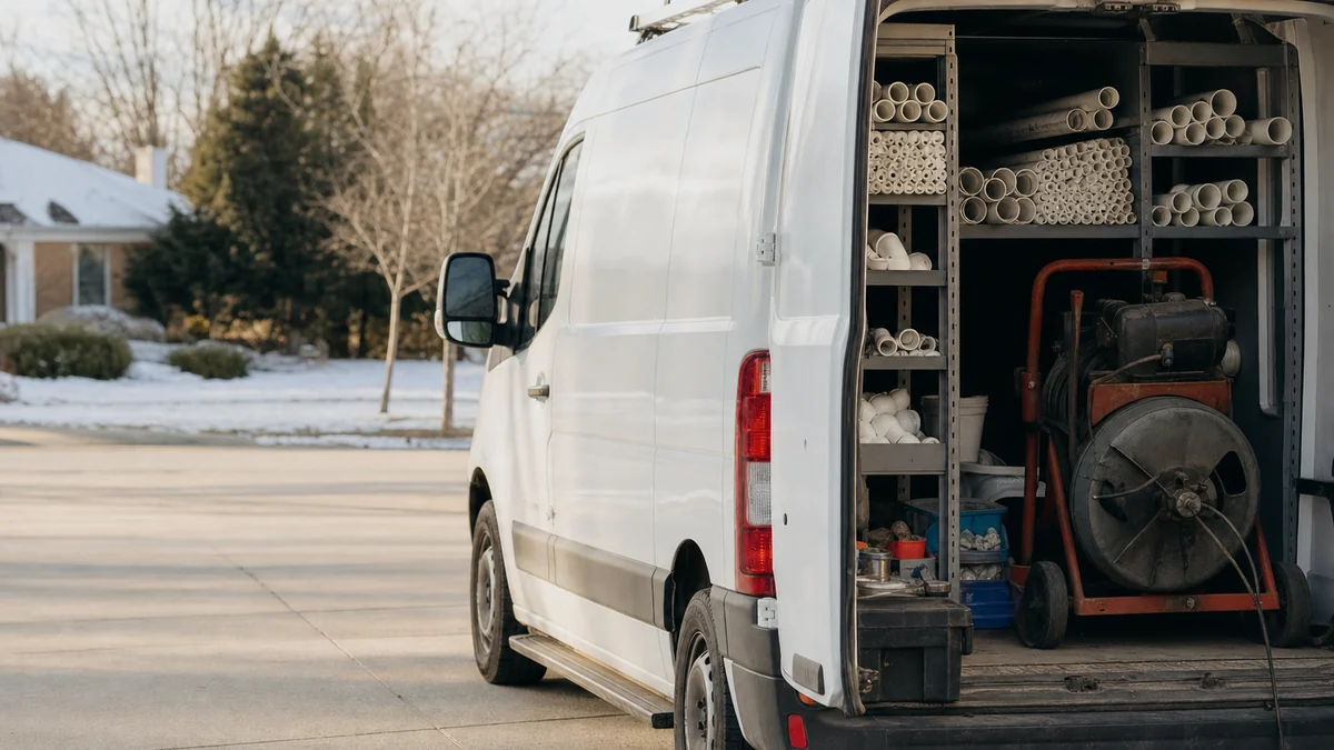 Plumbing work van with rear doors open showing pipe racks and a drain machine