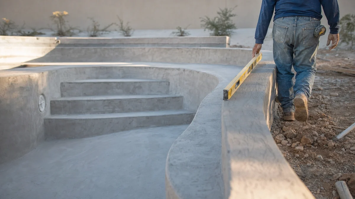 Pool builder checking the steps of a nearly finished concrete pool shell with a level