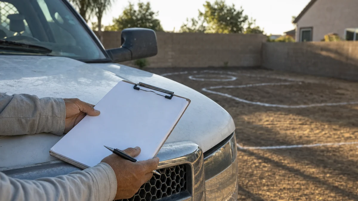 Pool builder holding a clipboard and pen beside a backyard marked out for pool excavation