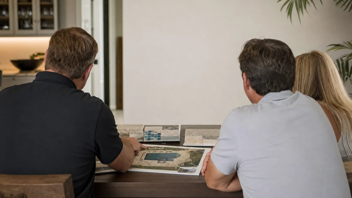 Pool builder reviewing a printed pool design and tile samples with homeowners at a kitchen table