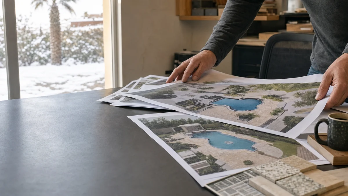 Pool builder laying out backyard pool design drawings and tile samples on an office desk in winter