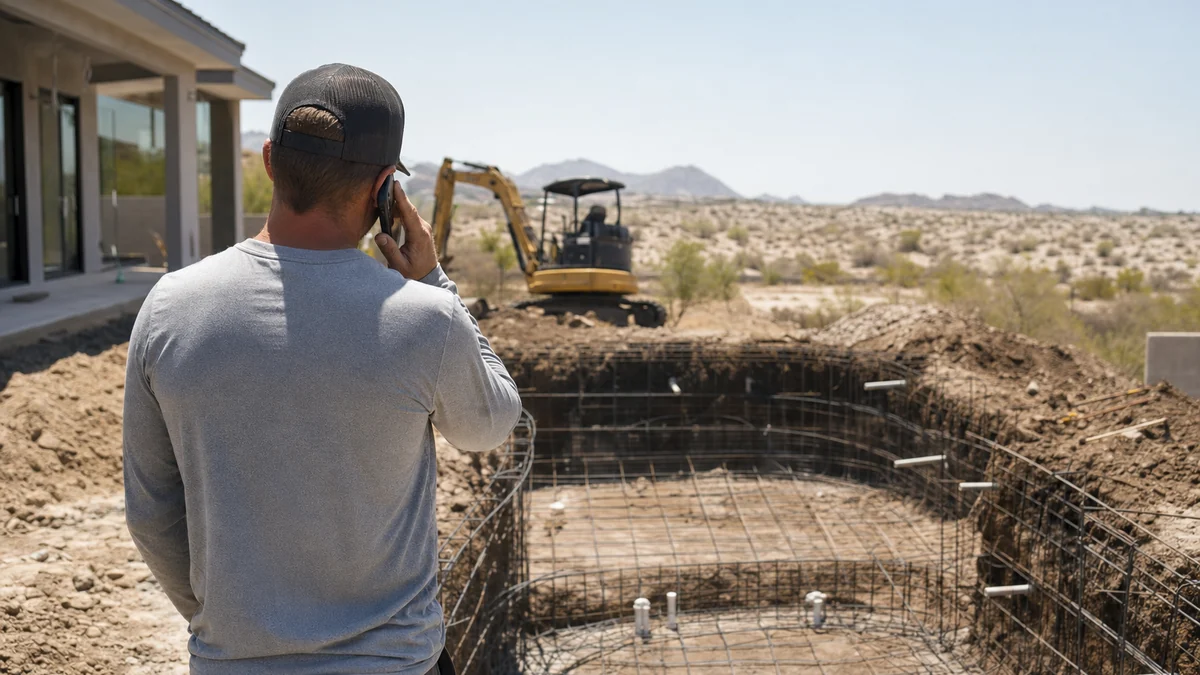 Pool builder taking a phone call beside a freshly excavated backyard pool with an excavator behind