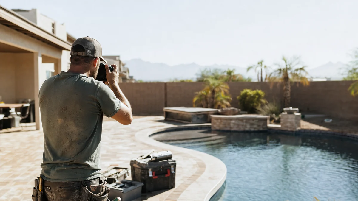 Pool builder photographing a just-finished backyard pool for the company's project pages