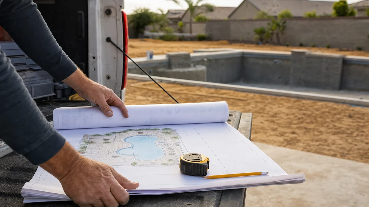 Pool builder unrolling a pool design plan on a truck tailgate beside a backyard project