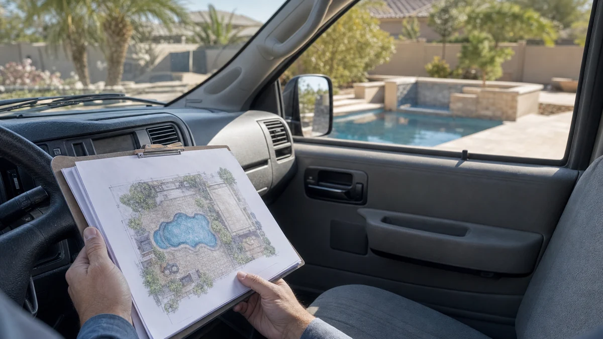 Pool builder reviewing printed pool design plans in his truck outside a client's home