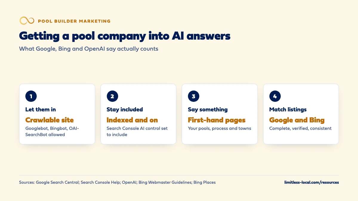 Four steps for a pool company to show up in AI search: let Google, Bing and ChatGPT's search crawler read the site, stay indexed and included in Search Console's AI control, publish first-hand pages about your pools and towns, and keep Google and Bing listings complete and consistent