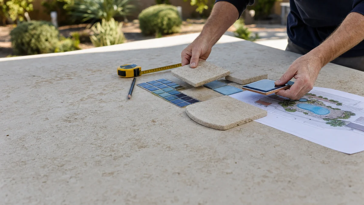 Pool builder laying out tile and coping samples next to a printed pool drawing