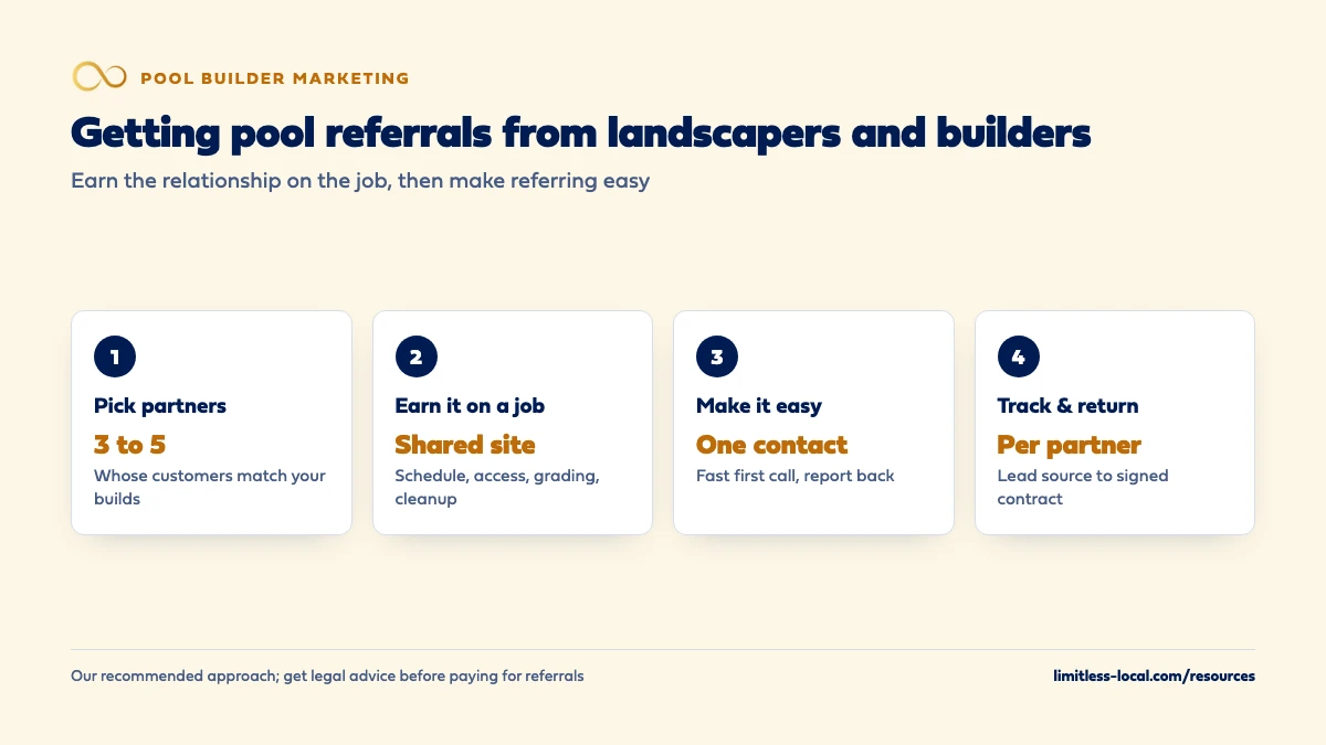Four steps for pool builders to get referrals from landscapers and builders: pick three to five partners whose customers match your builds, earn the relationship on a shared job, make referring easy with one contact and a fast call, and track each partner to signed contracts